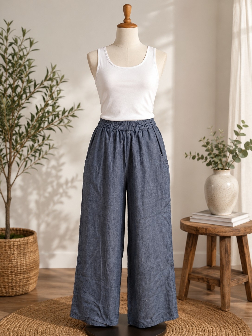 FLAX Blue 100% Linen Wide Leg Pull On Pants Size M
